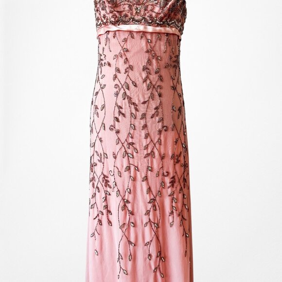 Vintage Pink Knit Bodycon Floral Beaded Mesh Maxi Prom Dress Size M/L - Picture 6 of 10